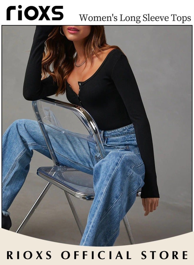 ريوكس قمصان نسائية بياقة مربعة وأكمام طويلة، مريحة على البشرة وضيقة القصة، قمصان ناعمة ومطاطية بأزرار، قمصان داخلية كلاسيكية وبسيطة بقصّة ضيقة للسيدات، قمصان تونيك بألوان صلبة لفصلي الربيع والخريف والشتاء للارتداء غير الرسمي، في الشارع، يوميًا، في المكتب، في العمل، في الإجازة والمزيد، باللون الأسود - Image 5