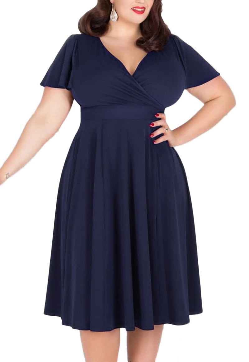 Nemidor Plus Size Dresses for Curvy Women Casual Summer V Neck Short Sleeve Midi Cocktail Vintage Dress with Pocket(073,22,Blue) - Image 1