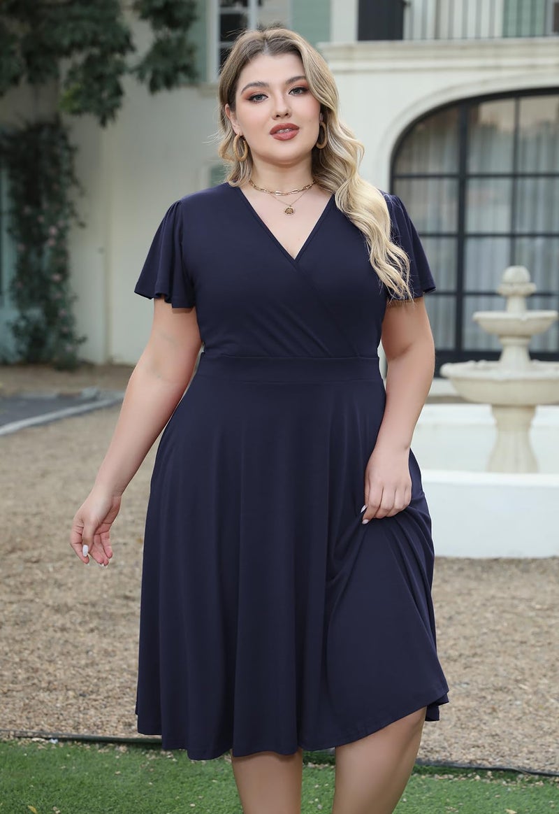Nemidor Plus Size Dresses for Curvy Women Casual Summer V Neck Short Sleeve Midi Cocktail Vintage Dress with Pocket(073,22,Blue) - Image 4