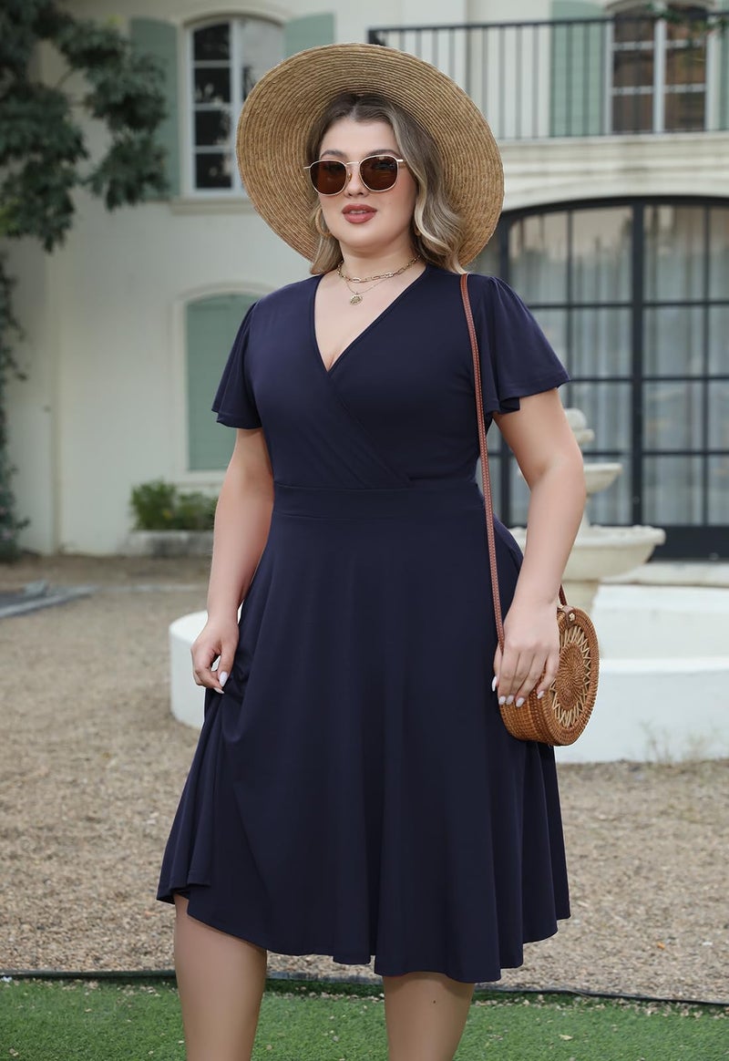Nemidor Plus Size Dresses for Curvy Women Casual Summer V Neck Short Sleeve Midi Cocktail Vintage Dress with Pocket(073,22,Blue) - Image 5