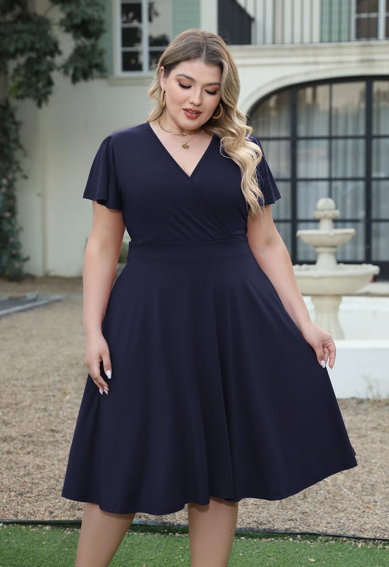 Nemidor Plus Size Dresses for Curvy Women Casual Summer V Neck Short Sleeve Midi Cocktail Vintage Dress with Pocket(073,22,Blue) - Image 3