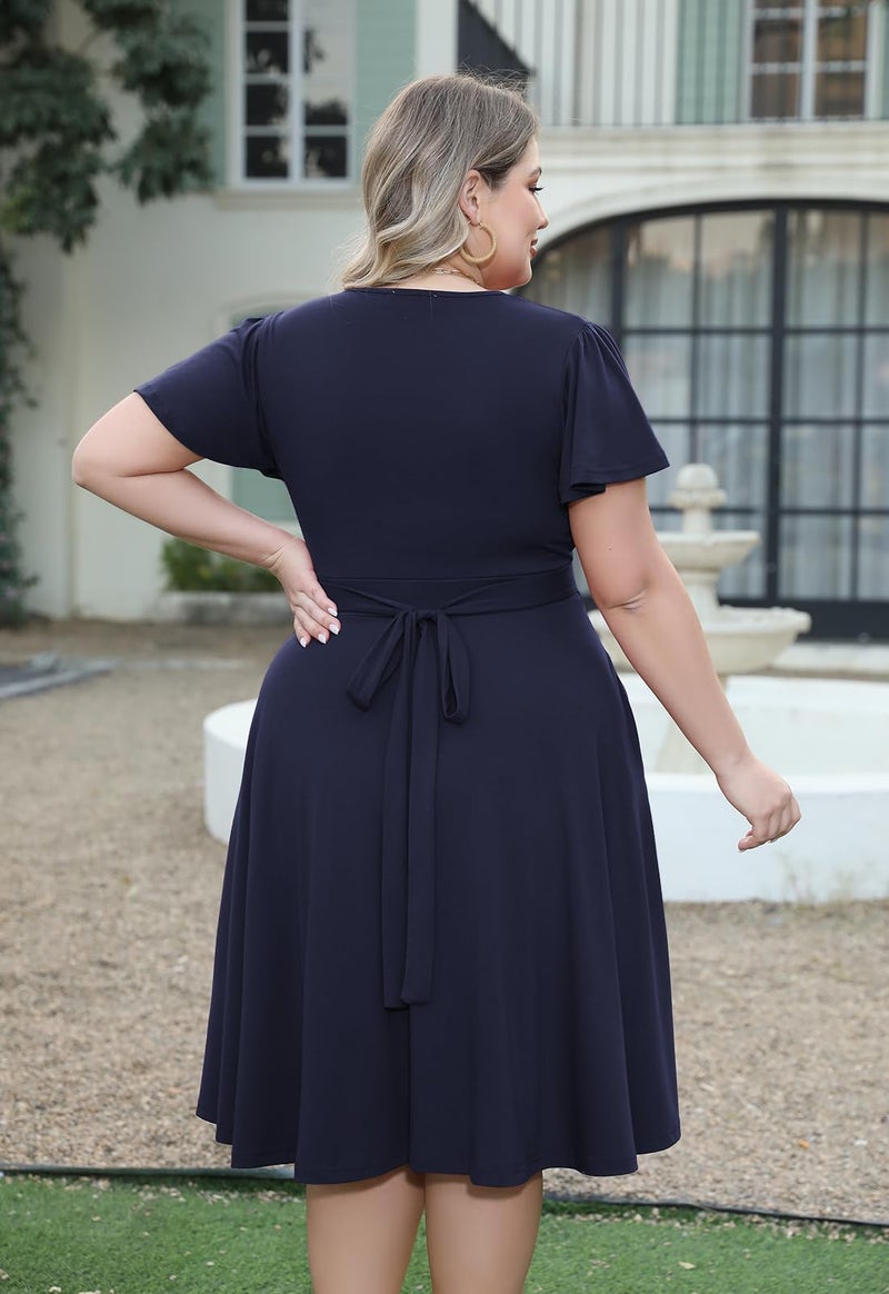 Nemidor Plus Size Dresses for Curvy Women Casual Summer V Neck Short Sleeve Midi Cocktail Vintage Dress with Pocket(073,22,Blue) - Image 2