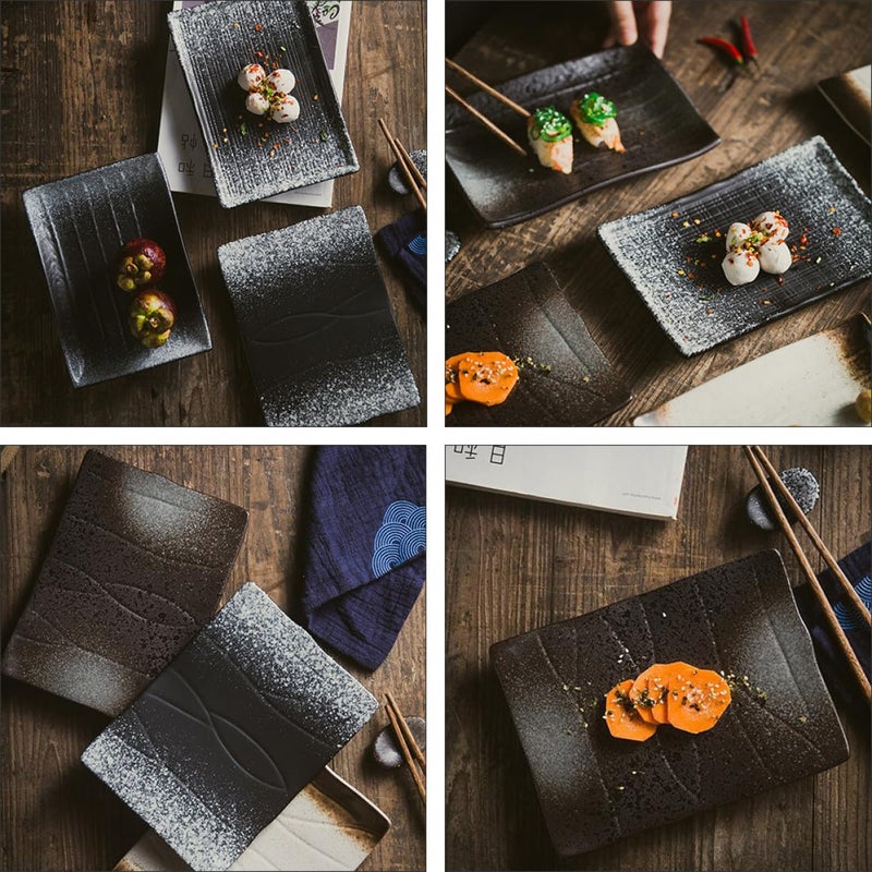 Rectangular Sushi Plates Set Melamine Black Pearl Dark Grid Design Japanese Style Serving Dish - Image 5