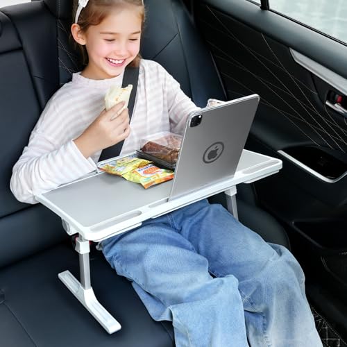 DICMKY Large Car Seat Tray Table, Foldable Travel Tray for Kids Car Seat, Height Adjustable Car Lap Desk for Laptop Computer Tablet, Rear Seat Food Eating Tray, Car Travel Essentials for Long Trips - Image 1
