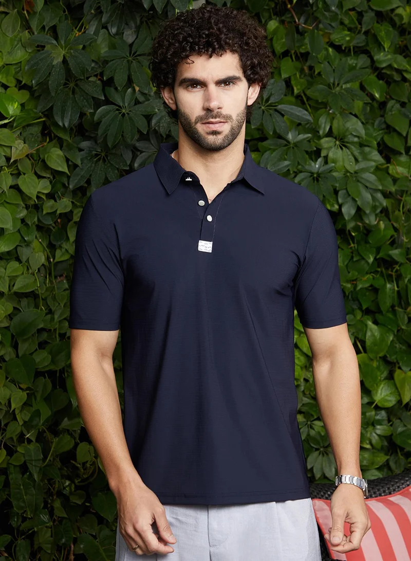 كامبوس سوترا Men's Navy Blue Seamless Waffle Polo T-Shirt For Casual Wear | Polo Neck | Short Regular Sleeves | Half-Button Closure | T-Shirt Crafted With Comfort Fit For Everyday Wear