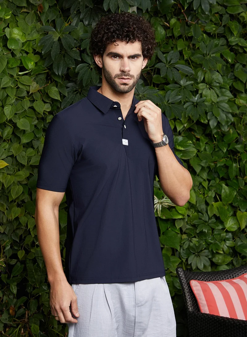 كامبوس سوترا Men's Navy Blue Seamless Waffle Polo T-Shirt For Casual Wear | Polo Neck | Short Regular Sleeves | Half-Button Closure | T-Shirt Crafted With Comfort Fit For Everyday Wear