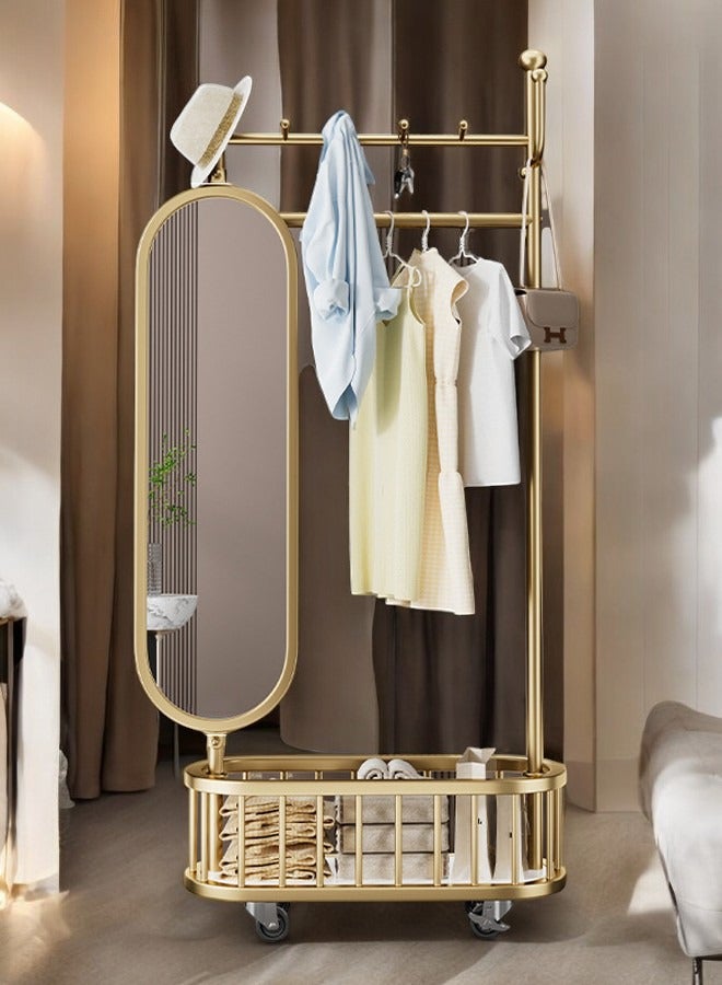 زي سي إم - هابي علاقة ملابس فاخرة 3 في 1 قابلة للدوران على الأرض مع مرآة تزيين كاملة الطول، وخطافات تخزين وسلة، وعجلات عالمية، ولمسة نهائية ذهبية 60 سم - Image 1