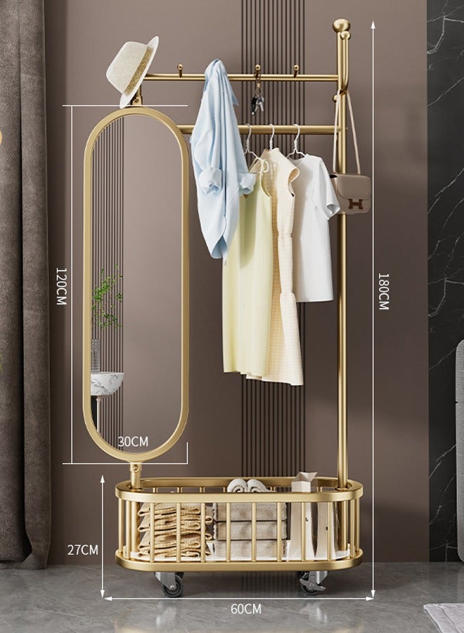 زي سي إم - هابي علاقة ملابس فاخرة 3 في 1 قابلة للدوران على الأرض مع مرآة تزيين كاملة الطول، وخطافات تخزين وسلة، وعجلات عالمية، ولمسة نهائية ذهبية 60 سم - Image 2