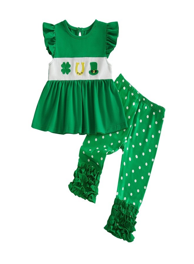 GOOCHEER Toddler Baby Girl St Patricks Day Outfit Shamrock Fly Sleeve Tank Tunic Dress Top Dots Ruffle Pants Clothes Set (Green, 2-3T) - Image 1