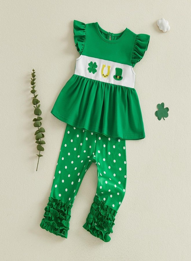GOOCHEER Toddler Baby Girl St Patricks Day Outfit Shamrock Fly Sleeve Tank Tunic Dress Top Dots Ruffle Pants Clothes Set (Green, 2-3T) - Image 3
