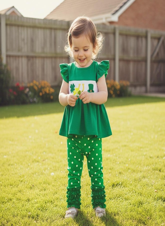 GOOCHEER Toddler Baby Girl St Patricks Day Outfit Shamrock Fly Sleeve Tank Tunic Dress Top Dots Ruffle Pants Clothes Set (Green, 2-3T) - Image 2