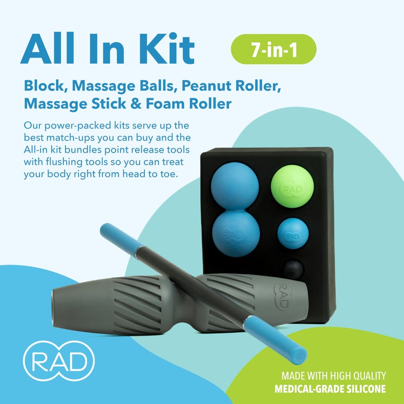 RAD All in 7-in-1 Foam Roller Set - Myofascial Release Kit - Includes Massage Roller Stick, Foam Roller, Yoga Block, Peanut Roller Ball Massager, Massage Balls - Massage Tools for Mobility & Recovery - Image 2