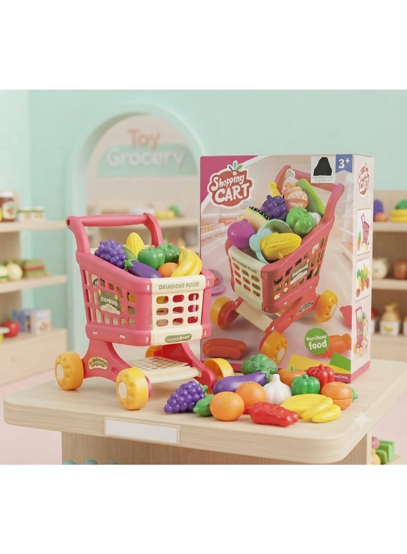 Kids' Realistic Shopping Cart Toy Set with Play Fruits & Vegetables, Pink - Image 1