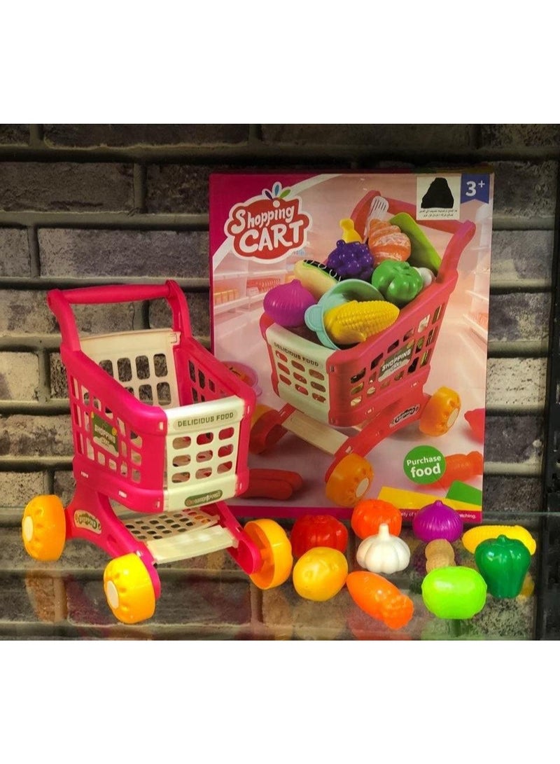 Kids' Realistic Shopping Cart Toy Set with Play Fruits & Vegetables, Pink - Image 2