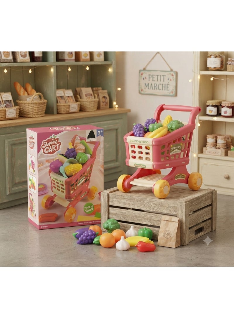 Kids' Realistic Shopping Cart Toy Set with Play Fruits & Vegetables, Pink - Image 3