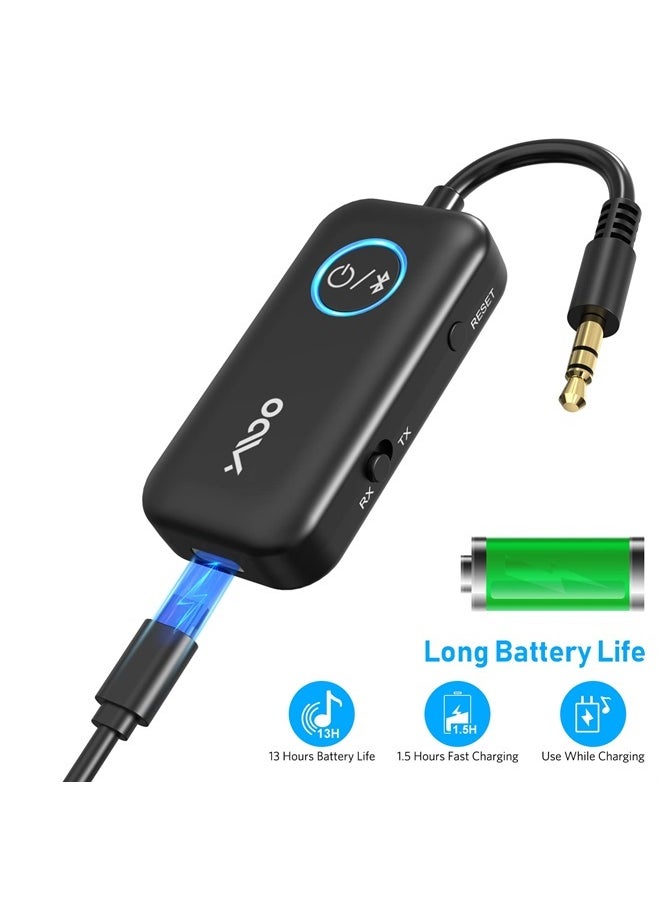 Bluetooth 5.3 Transmitter Receiver for TV/Airplane to 2 Headphones, Wireless Audio Adapter with Aptx/Aptx-HD Low Latency (<40ms), Aux Connector for Home Stereo/Bluetooth Earbuds/PC/Gym