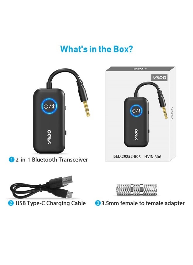 Bluetooth 5.3 Transmitter Receiver for TV/Airplane to 2 Headphones, Wireless Audio Adapter with Aptx/Aptx-HD Low Latency (<40ms), Aux Connector for Home Stereo/Bluetooth Earbuds/PC/Gym