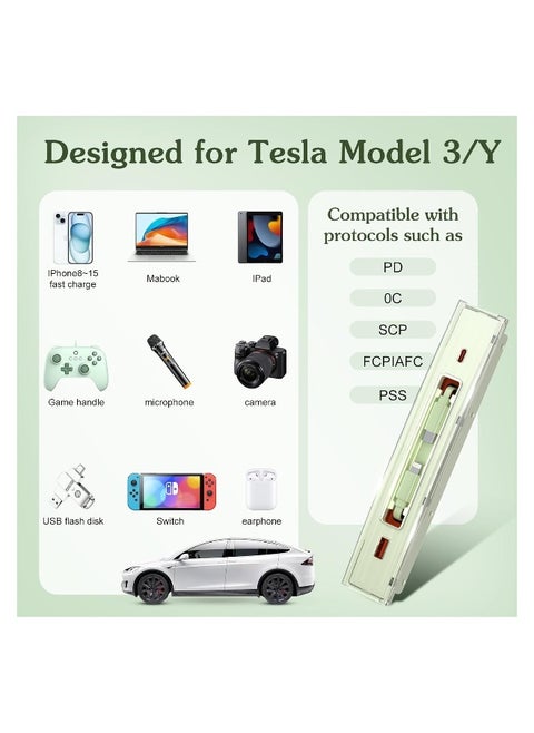 Central Control Charging Adapter Dock for Tesla Model 3/Y, Multi-Port USB Hub Charger - for 2021-2023 Model 3/Y - Fast Charging Personalized Colors - Gift for Automotive Enthusiasts (Green)