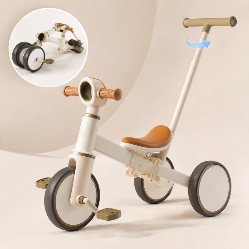 Toddler tricycle for indoor/outdoor use, steel frame, red color, adjustable parent steering handle and removable pedal for easy transition to pedaling - Image 1