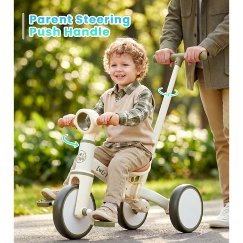 Toddler tricycle for indoor/outdoor use, steel frame, red color, adjustable parent steering handle and removable pedal for easy transition to pedaling - Image 5