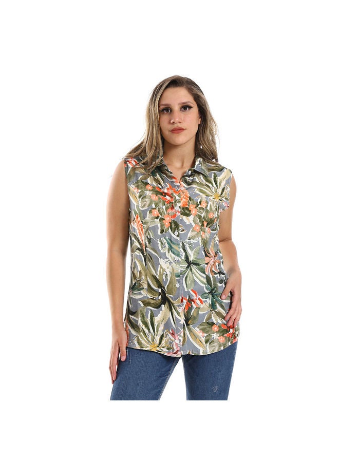 Esla ESLA Basic Sleeveless Printed Shirt Baby Blue - Image 1