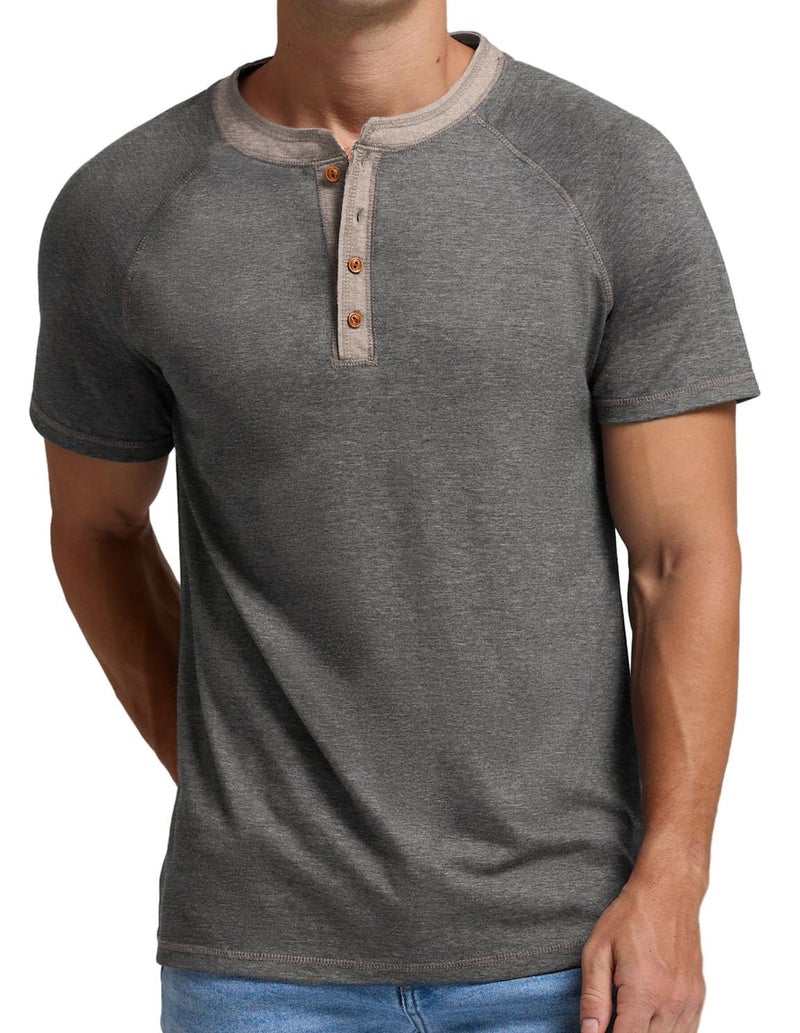 Sailwind Mens Henley Short Sleeve T-Shirt Cotton Casual Shirt Dark Gray - Image 3