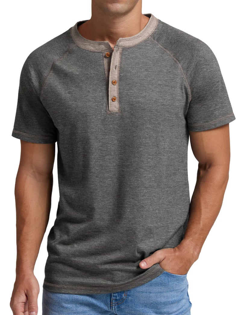 Sailwind Mens Henley Short Sleeve T-Shirt Cotton Casual Shirt Dark Gray - Image 1