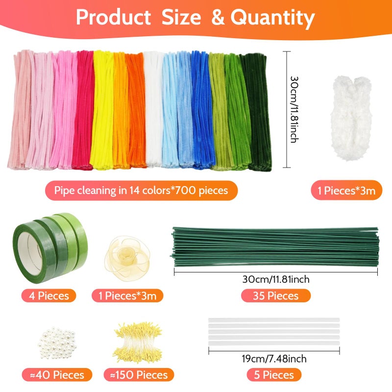 beanicus 700 PCS Pipe Cleaners Craft, Pipe Cleaners Flowers Kit with Handle, 14 Colors Chenille Stems with 18 Flowers Instruction, Art and Craft Supplies - Image 2