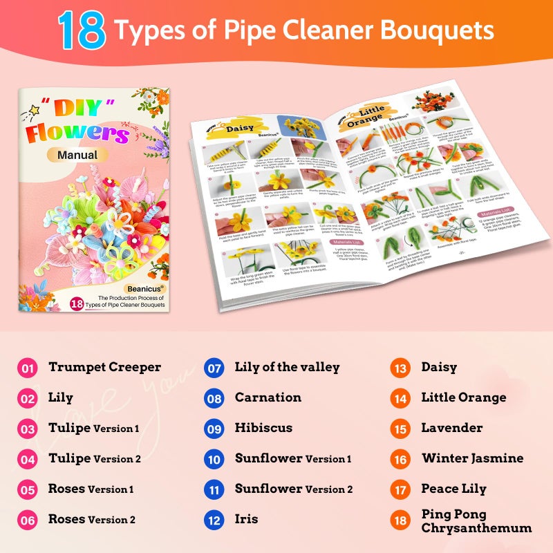 beanicus 700 PCS Pipe Cleaners Craft, Pipe Cleaners Flowers Kit with Handle, 14 Colors Chenille Stems with 18 Flowers Instruction, Art and Craft Supplies - Image 3