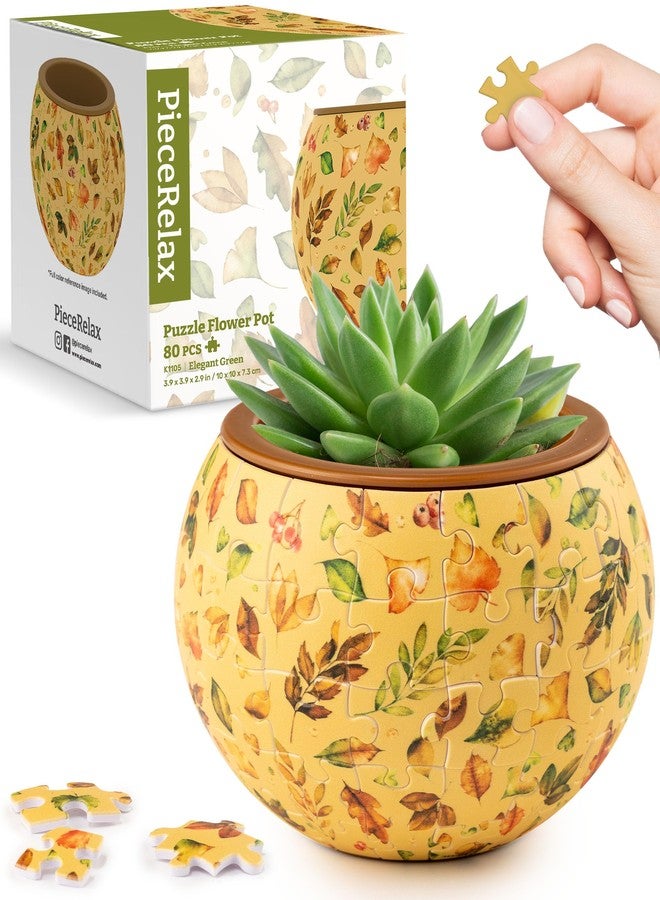 PieceRelax 3D Puzzle Planter - Elegant Green - Small Round Plant Pots with Drainage, Home Decor Flower Pots for Indoor Cactus, Succulents Pots [K1105] - Image 1