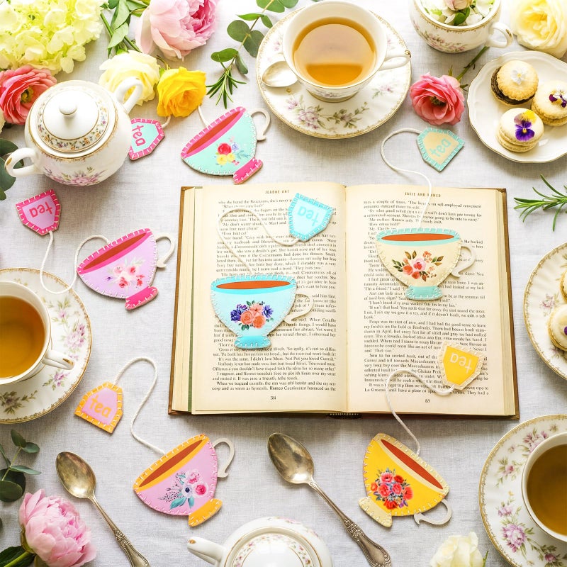 Resurhang 12 Pcs Tea Bag Bookmarks Tea Party Favors Cute Hand Embroidered Bookmarks Gift for Spring Holiday Teacher Women Book Reading Lovers Gift Book Marks(Retro) - Image 3