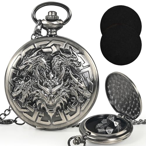 Kabinka DND Dice Set 7pcs Mini Metal Dice with Pocket Watch Shell Portable DD with Necklace Dungeons and Dragons Dice for RPGFiveHeaded Dragon Ancient Silver - Image 1