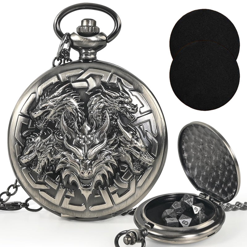 Kabinka DND Dice Set 7pcs Mini Metal Dice with Pocket Watch Shell Portable DD with Necklace Dungeons and Dragons Dice for RPGFiveHeaded Dragon Ancient Silver - Image 3