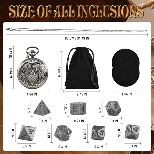 Kabinka DND Dice Set 7pcs Mini Metal Dice with Pocket Watch Shell Portable DD with Necklace Dungeons and Dragons Dice for RPGFiveHeaded Dragon Ancient Silver - Image 5