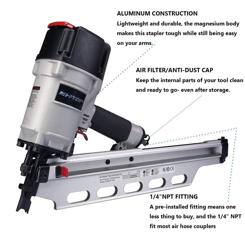 BHTOP 9021NS Framing Nailer 21 Degree 3-1/2" with Depth Adjustment Professional Air Nail Gun - Image 2