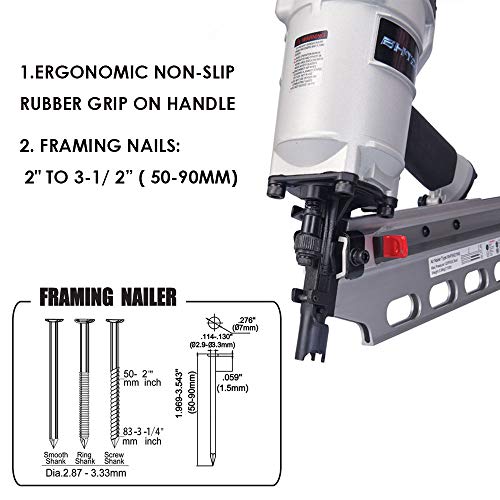 BHTOP 9021NS Framing Nailer 21 Degree 3-1/2" with Depth Adjustment Professional Air Nail Gun - Image 3