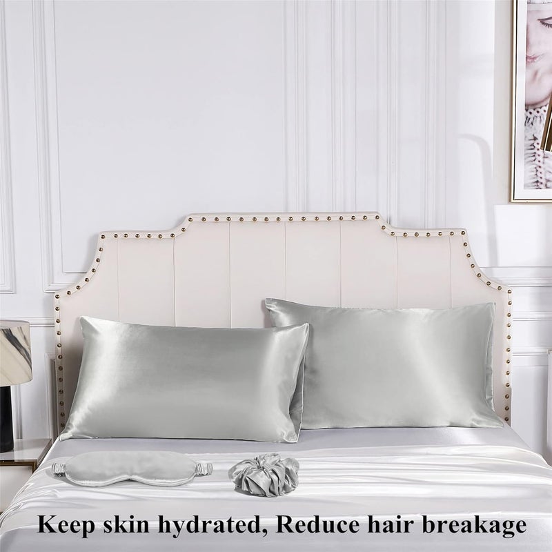 URLINENS غطاء وسادة من الساتان للشعر والبشرة، مجموعة نوم من حرير نباتي - 2 غطاء وسادة من الساتان، 1 قناع عين، 1 ربطة شعر - مجموعة نوم فاخرة، أغطية وسائد رمادية فضية مقاس كوين مع إغلاق مغلف - Image 3