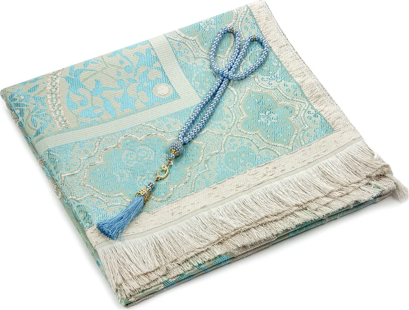 İhvan Luxury Light Color Ottoman Chenille Prayer Rug Prayer Beads Gift Turquoise