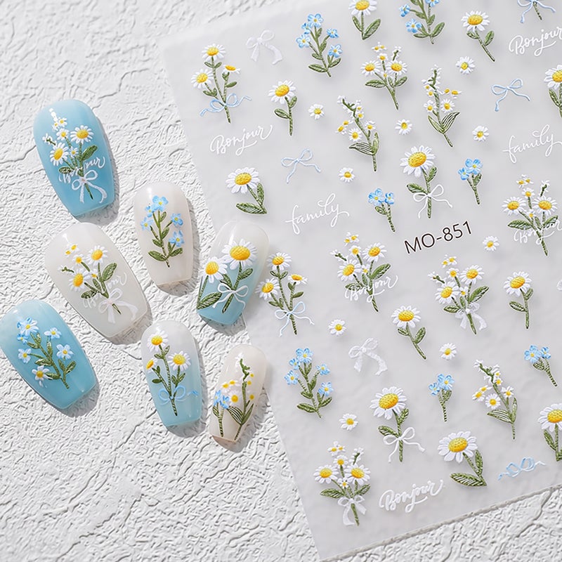 brunson 5D Nail Art Stickers – Embossed Daisy Flower Nail Stickers & Floral Nail Decals Set | Micro-Carving DIY Manicure for Gel Polish, Acrylic & Natural Nails | Elegant Floral Nail Decorations for Women - Image 2