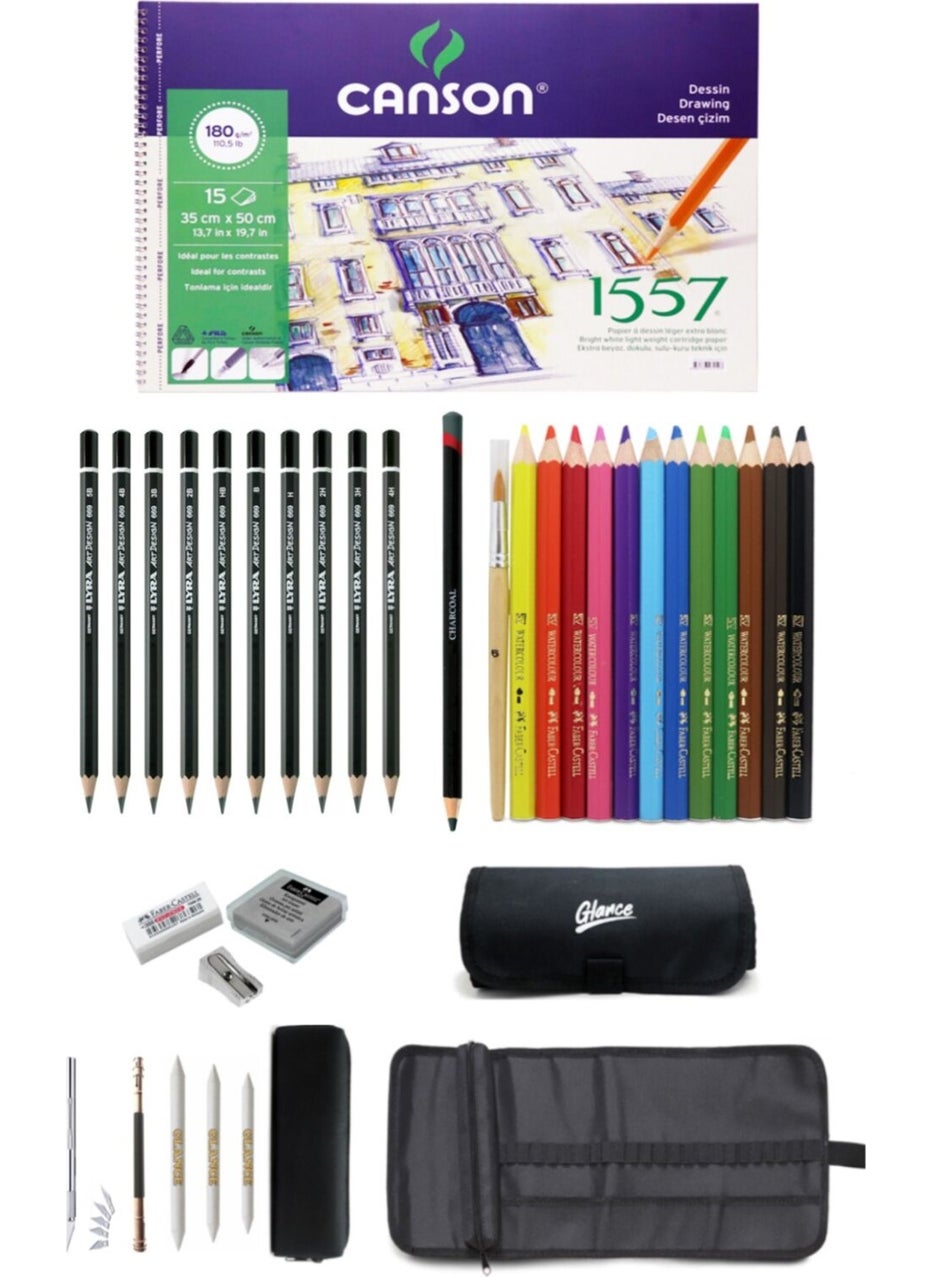 Glance - Canson Drawing Notebook 35X50CM180 gr 15 Sheets Faber-Castell Grip Crayons Drawing Sketch Set with Bag - Image 1