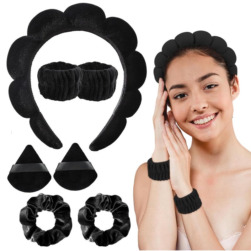 MAYCREATE Facial Headband for Women Skincare Headband and Wrist Band 7Pcs Set for Face Wash Puffy Spa Headband Hair Band for Makeup with Scrunchies  Powder Puffs  Black - Image 1