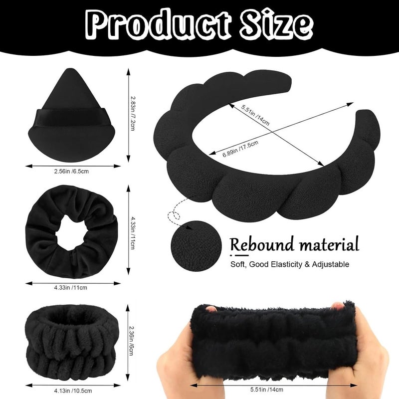 MAYCREATE Facial Headband for Women Skincare Headband and Wrist Band 7Pcs Set for Face Wash Puffy Spa Headband Hair Band for Makeup with Scrunchies  Powder Puffs  Black - Image 2