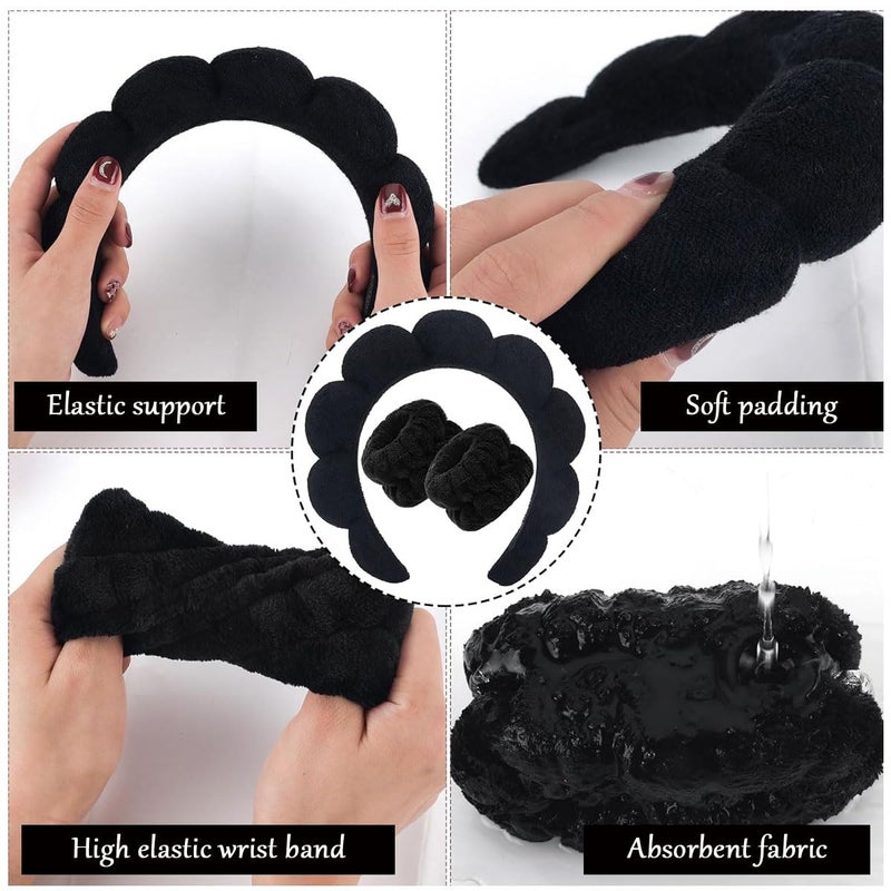 MAYCREATE Facial Headband for Women Skincare Headband and Wrist Band 7Pcs Set for Face Wash Puffy Spa Headband Hair Band for Makeup with Scrunchies  Powder Puffs  Black - Image 4