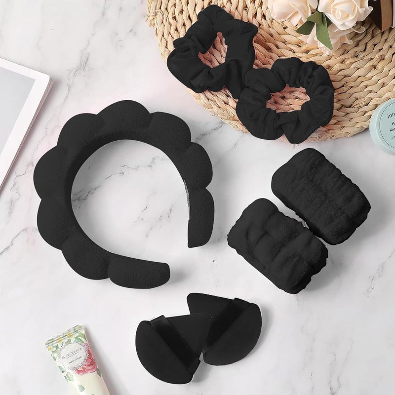 MAYCREATE Facial Headband for Women Skincare Headband and Wrist Band 7Pcs Set for Face Wash Puffy Spa Headband Hair Band for Makeup with Scrunchies  Powder Puffs  Black - Image 5