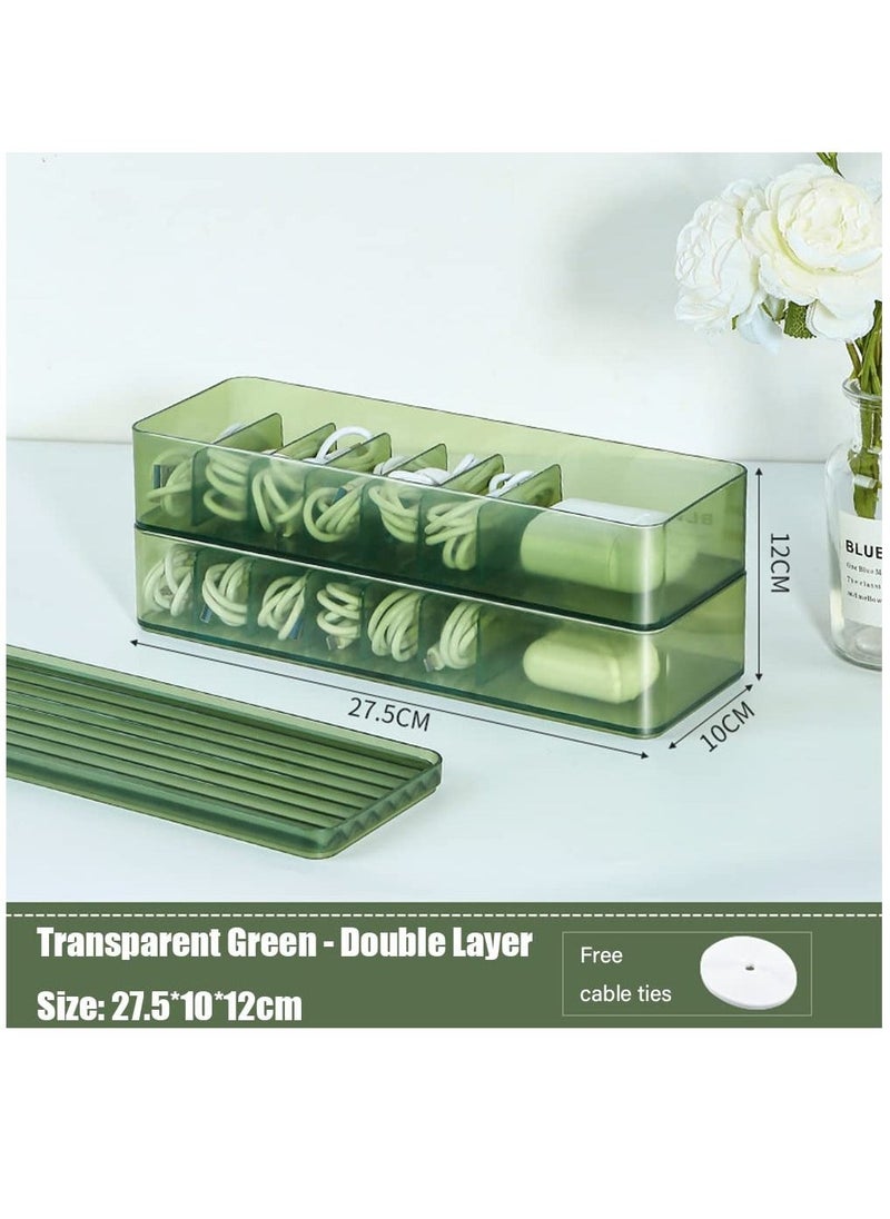 Double Layer Cable Tidy Box with Lid, 7 Grids Cable Organizer Box, Large Wire Storage Box for Cables, Charger Plug, Power Strips, Transparent Cable Management Box, Free 3M Cable Ties Roll - Image 2