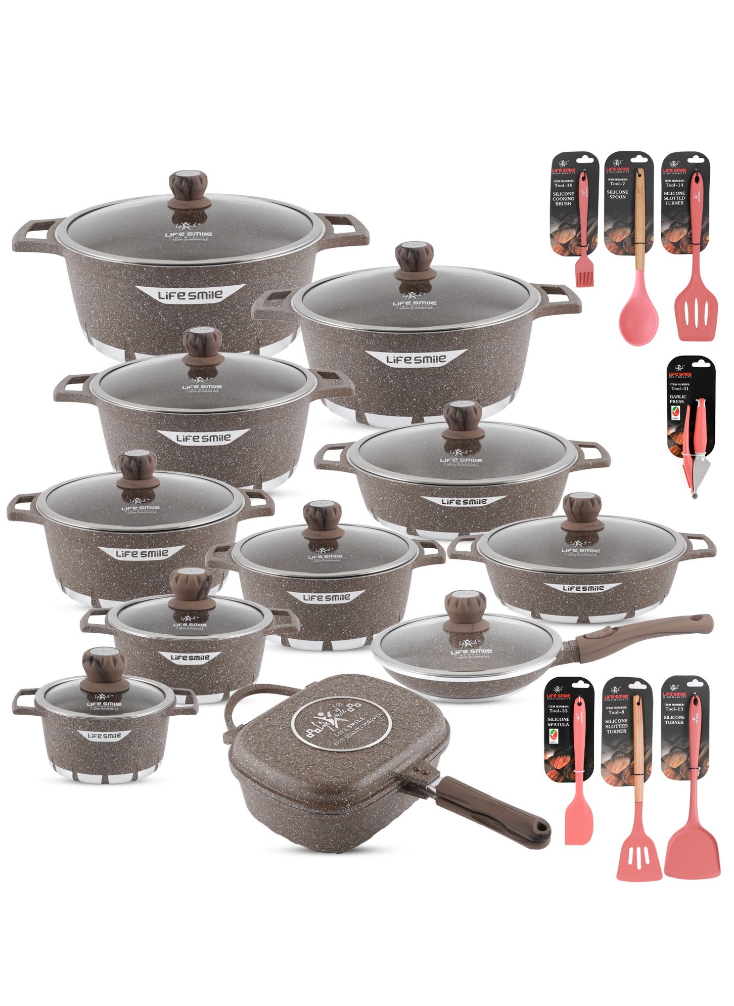 29-Piece Granite Cookware Set Kitchen Pots and Pans Set Includes Stock Pots, Frying Pans, Double Grill Pan and Tools - Non Stick Cookware Sets Healthy 100% PFOA & PFAS Free 