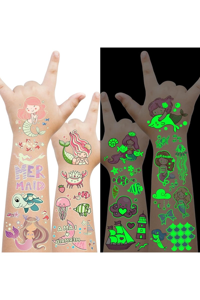 ORAINBOW 10 Sheets Glow Mermaid Tattoos Blacklight Mermaid Temporary Tattoos for Girls Kids Adults Luminous Mermaid Party Decorations Favors Supplies for Games Activities - Image 1