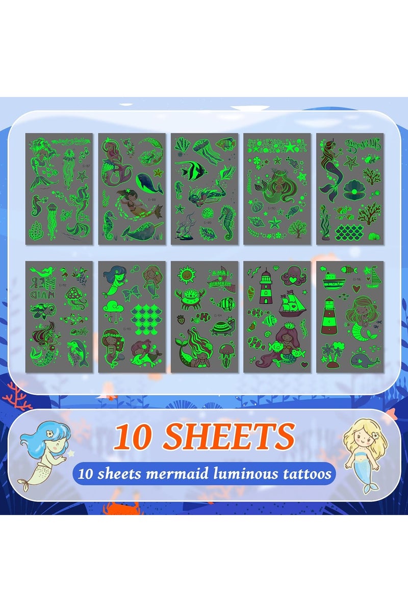 ORAINBOW 10 Sheets Glow Mermaid Tattoos Blacklight Mermaid Temporary Tattoos for Girls Kids Adults Luminous Mermaid Party Decorations Favors Supplies for Games Activities - Image 3