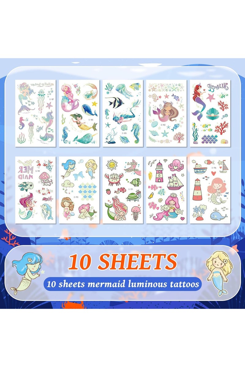 ORAINBOW 10 Sheets Glow Mermaid Tattoos Blacklight Mermaid Temporary Tattoos for Girls Kids Adults Luminous Mermaid Party Decorations Favors Supplies for Games Activities - Image 2