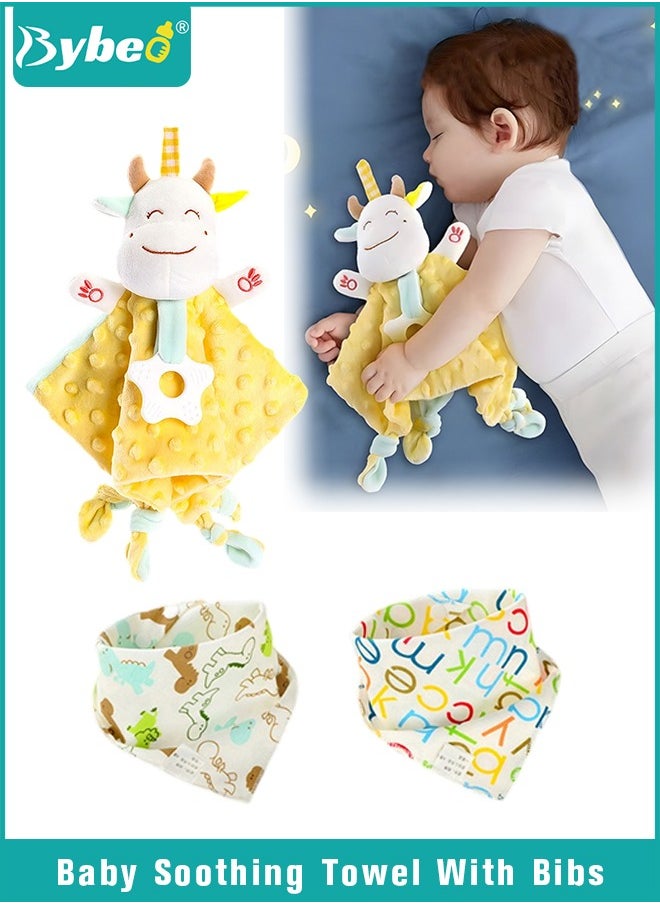 Bybeo Baby Security Blanket With 2 Cotton Bibs New Born Cute Stuffed Animal Comfort Towel with Teether for Nursery Strollers Cots Cribs Car Seats  - Image 1